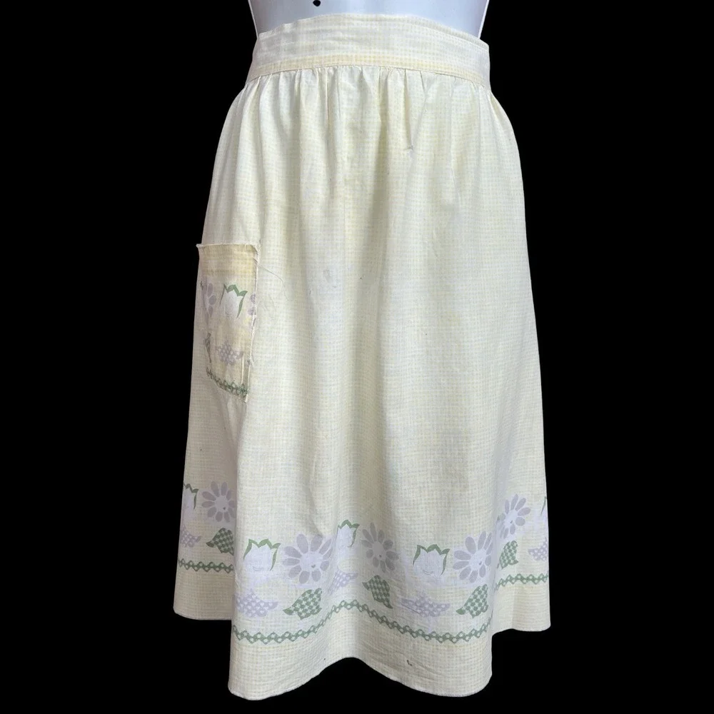 VTG Yellow Gingham Half Apron Floral Mid Century Cottage Farmhouse Primitive